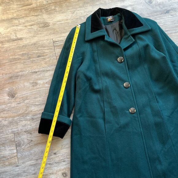 Vintage Wool Trench Coat Women's Large Green Velvet Black Neck Buttons 80s 90s - Picture 7 of 11